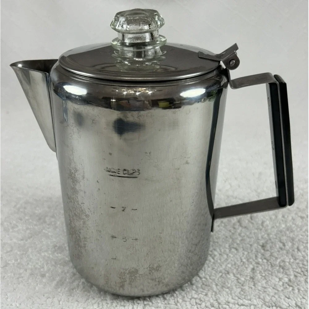 Vintage Stainless Steel Coffee Percolator 9 Cup Mid Century Modern Stove Top Pot